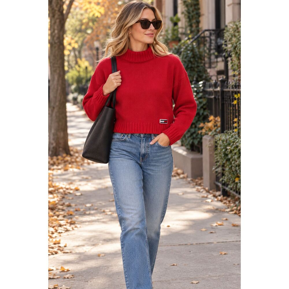 Tommy Hilfiger Cropped Sweater Red Mock Turtleneck Size XL Logo Vintage 90s Y2K